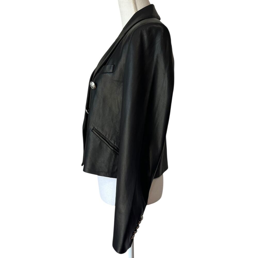 Veronica Beard Nevis Lamb Leather Blazer Jacket Cropped Black Silver Size 10 - Picture 8 of 10